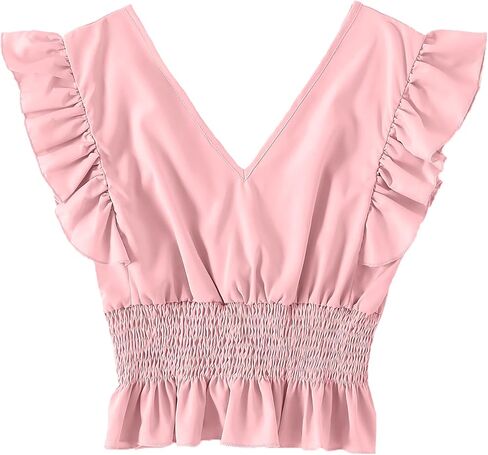 LYANER Women's V Neck Ruffle Cap Sleeve Shirred Blouse Sexy Crop Tank Top in Saudi Arabia