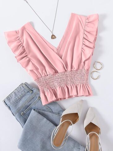 LYANER Women's V Neck Ruffle Cap Sleeve Shirred Blouse Sexy Crop Tank Top in Saudi Arabia