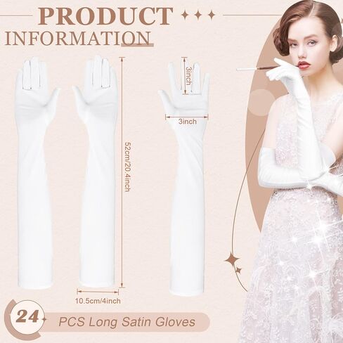 Laumoi 24 زوجًا من قفازات الساتان البيضاء الطويلة للنساء الزفاف طول الكوع قفازات الأوبرا الحريرية لحفلات الزفاف في العشرينيات من القرن الماضي، قفازات الهالوين للكبار، قفازات فستان التنكرية، قفازات الرقص الرسمية القابلة للتمدد للفتيات in Kuwait