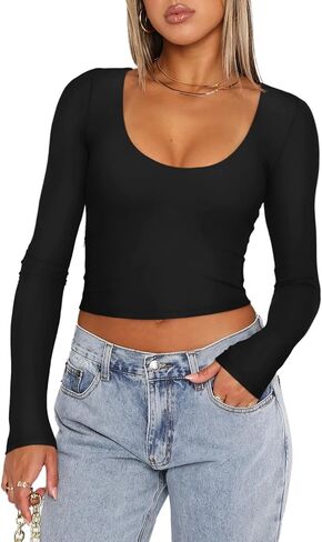 REORIA Women's Casual Scoop Neck Double Lined Long Sleeve Slim Fitted Tshirts Y2K Workout Crop Tops in Saudi Arabia