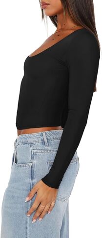 REORIA Women's Casual Scoop Neck Double Lined Long Sleeve Slim Fitted Tshirts Y2K Workout Crop Tops in Saudi Arabia