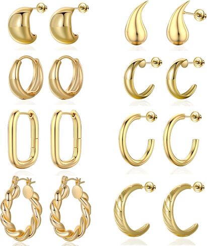 مجموعة اقراط حلقية ذهبية مكتنزة للنساء من فيوس، اقراط حلقية مطلية بالذهب عيار 14 قيراط، اقراط حلقية ملتوية مضادة للحساسية، اقراط خفيفة الوزن مطلية بالذهب عيار 14 قيراط، 8 ازواج, مطلي بالذهب عيار 14 in Kuwait