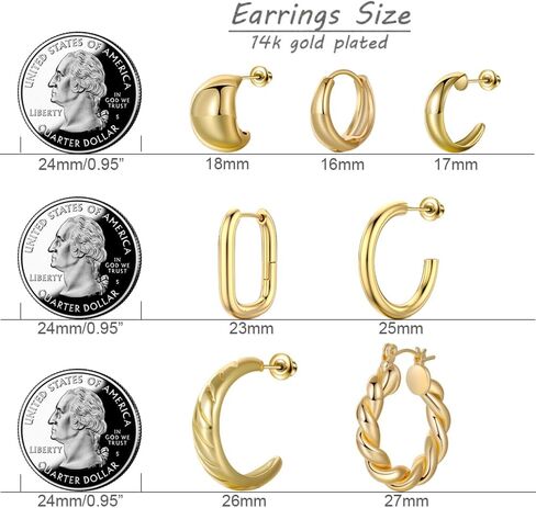 مجموعة اقراط حلقية ذهبية مكتنزة للنساء من فيوس، اقراط حلقية مطلية بالذهب عيار 14 قيراط، اقراط حلقية ملتوية مضادة للحساسية، اقراط خفيفة الوزن مطلية بالذهب عيار 14 قيراط، 8 ازواج, مطلي بالذهب عيار 14 in Kuwait