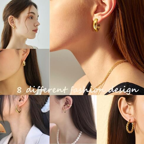 مجموعة اقراط حلقية ذهبية مكتنزة للنساء من فيوس، اقراط حلقية مطلية بالذهب عيار 14 قيراط، اقراط حلقية ملتوية مضادة للحساسية، اقراط خفيفة الوزن مطلية بالذهب عيار 14 قيراط، 8 ازواج, مطلي بالذهب عيار 14 in Kuwait