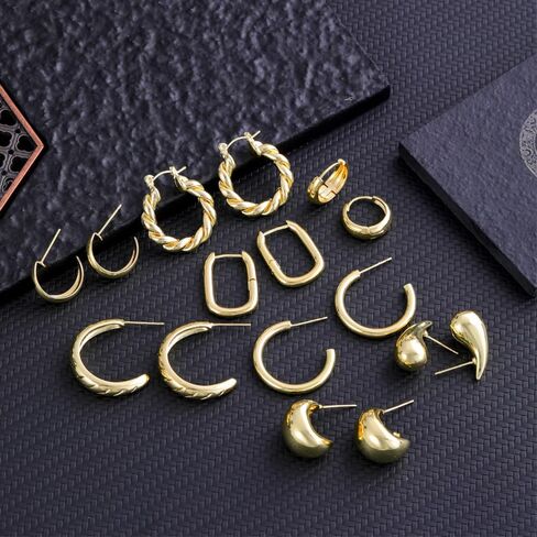 مجموعة اقراط حلقية ذهبية مكتنزة للنساء من فيوس، اقراط حلقية مطلية بالذهب عيار 14 قيراط، اقراط حلقية ملتوية مضادة للحساسية، اقراط خفيفة الوزن مطلية بالذهب عيار 14 قيراط، 8 ازواج, مطلي بالذهب عيار 14 in Kuwait