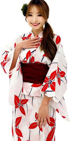 DITA ENSHU Traditional Cotton Women's Yukata Robe (japanese casual kimono) Easy Wearing (Yukata, Obi, Koshihimo) set3 in Kuwait