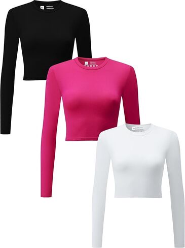 Flutnel 3 Piece Women's Crop Tops Long Sleeve Crew Neck Stretch Fitted Workout Exercise Crop Tops in Kuwait