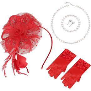 Junkin 5 Pcs Halloween Girls Party Supplies Kids Tea Party Gloves Hats Tea Party Necklace Bracelet Earring Jewelry for Girls Tea Party Wedding Accessories