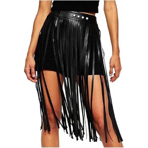 deladola Women Leather Skirt Tassel Black High Waist Rave Party Dance Fringe Skirts Belts in Saudi Arabia