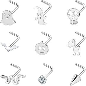 BodyAce 20G Nostril Studs Black Nose Rings, Stainless Steel Halloween Corkscrew Nose Studs L Shaped, Bats Skull Nose Piercing Jewelry for Women Men