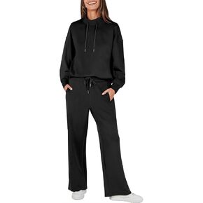ANRABESS Womens 2 Piece Outfits Sweatsuit Set 2024 Fall Drawstring Sweatshirt Wide Leg Sweatpant Lounge Set Tracksuit