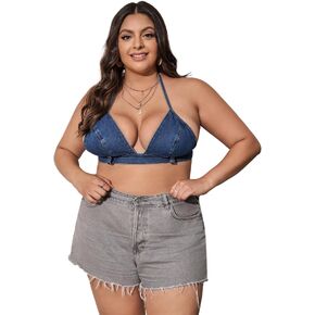 WDIRARA Women's Color Block Tie Open Back Frayed Denim Crop Halter Top