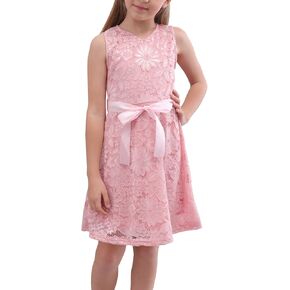 GORLYA Girl's Sleeveless V Neck Elegant Retro Floral Lace Flower Girl Party Belt Dress for 4-14T