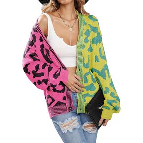 Raikamitu Womens Long Sleeve Button Down Colorblock Leopard Cardigan Sweaters Knit V Neck Top Open Front Sweater Outwear
