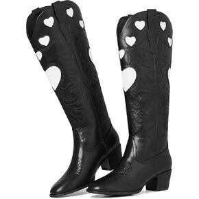 أحذية راعية البقر AOSPHIRAYLIAN للنساء، أحذية رعاة البقر لطيفة على شكل قلب، أحذية نسائية غربية أنيقة بمقدمة مدببة، أحذية للسيدات، أحذية طويلة مريحة للركبة مكتنزة in Kuwait