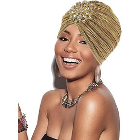 Yeilhile Vintage Women Turban Gold Pre-Tied Headwrap Crystal Headwear Ideal Daily Wear for Women in Kuwait