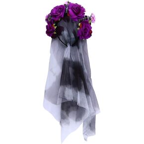 Beaupretty Day of The Dead Flower Rose Headband With Veil Rose Flower Headpiece with Skull Decor for Halloween Purple