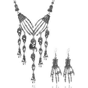 Long tiantian Halloween Skull Tassel Charm Necklace Skeleton Hand Drop Earrings for Women Horror Gothic Halloween Necklace Earrings Set