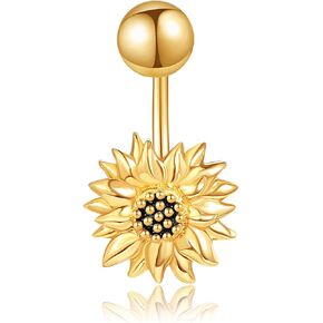 ELFRONT 14k Yellow Gold Sunflower/Butterfly Belly Button Ring，Navel Ring Belly Piercing Jewelry For Women Girls