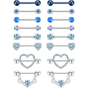 Vegolita 8 Pairs 14G 316L Stainless Steel Nipple Rings for Women Girls Heart-Shape Nipple Rings CZ Barbell Nipplerings Piercing Jewelry
