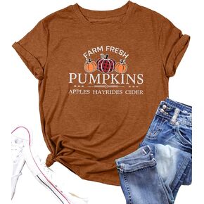 Pumpkin Shirt Women Farm Fresh Shirt Pumpkins Graphic Tees Causal Letter Printed T-Shirt Halloween Fall Blouse in Saudi Arabia
