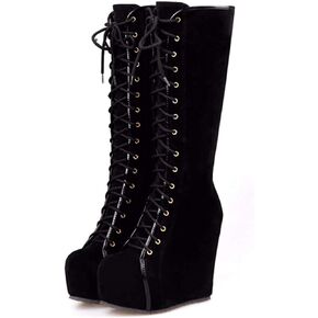 Aobaoya Women Platform Knee High Boots Round Toe Lace Up Hidden High Heels Winter Wedges Boot