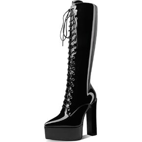 Mattiventon Chunky Black Platform Boots for Women Knee High Boots for Women Lace up Knee High Boots Black in Kuwait