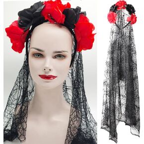 auwiyd عيد الهالوين الأزهار يوم الموتى عقال زهرة عقال مع الحجاب الدانتيل الأسود، حجاب الدانتيل العروس للنساء الفتيات زي عيد الهالوين ليوم الموتى حفلة تنكرية (أسود أحمر) in Kuwait