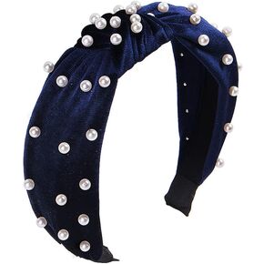 Knotted Velvet Pearl Wide Headband Cross Twisted Elastic Vintage Hairbands for Women Casual Party Dating Head Bands (Black)