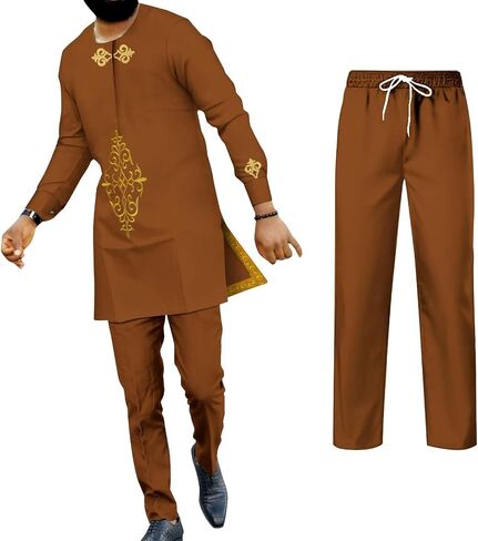 UOUUNUT الملابس الأفريقية للرجال قطعتين مجموعة Dashiki وتتسابق كم كامل الرجال بانت قمصان زين ملابس رجالي الأفريقية in Kuwait