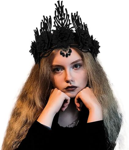Aceorna القوطية تاج خوذة الأزهار مطرز عقال زهرة سوداء هيرباند زي أغطية الرأس لجميع القديسين حفلة تنكرية in Kuwait