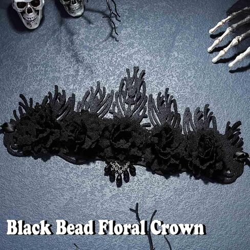 Aceorna القوطية تاج خوذة الأزهار مطرز عقال زهرة سوداء هيرباند زي أغطية الرأس لجميع القديسين حفلة تنكرية in Kuwait