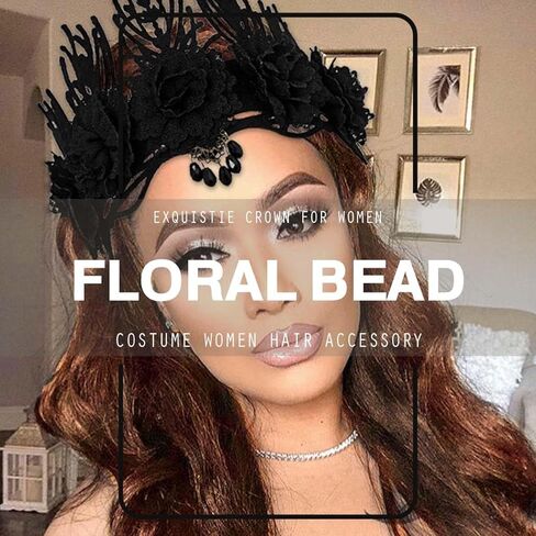 Aceorna القوطية تاج خوذة الأزهار مطرز عقال زهرة سوداء هيرباند زي أغطية الرأس لجميع القديسين حفلة تنكرية in Kuwait
