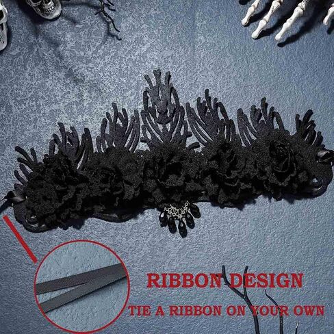 Aceorna القوطية تاج خوذة الأزهار مطرز عقال زهرة سوداء هيرباند زي أغطية الرأس لجميع القديسين حفلة تنكرية in Kuwait