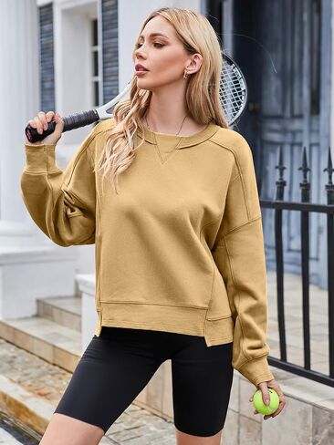 MEROKEETY Women's Oversized Cropped Sweatshirts Crewneck Fleece Workout Pullover Sweater Fall Outfits in Kuwait