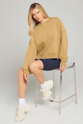 MEROKEETY Women's Oversized Cropped Sweatshirts Crewneck Fleece Workout Pullover Sweater Fall Outfits in Kuwait