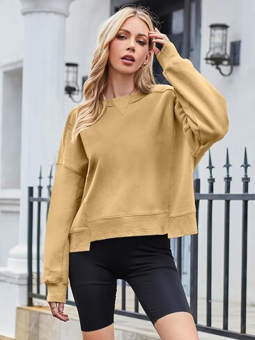 MEROKEETY Women's Oversized Cropped Sweatshirts Crewneck Fleece Workout Pullover Sweater Fall Outfits in Kuwait