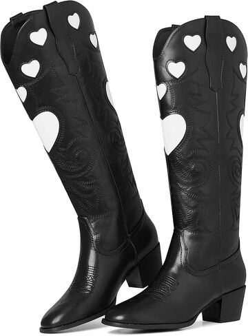 أحذية راعية البقر AOSPHIRAYLIAN للنساء، أحذية رعاة البقر لطيفة على شكل قلب، أحذية نسائية غربية أنيقة بمقدمة مدببة، أحذية للسيدات، أحذية طويلة مريحة للركبة مكتنزة in Kuwait