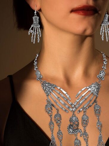 طويل tiantian هالوين الجمجمة شرابة سحر قلادة الهيكل العظمي اليد إسقاط أقراط للنساء الرعب القوطية هالوين قلادة طقم من الحلقان in Kuwait