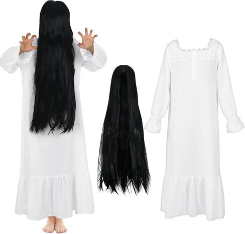 Ramede 2 Pcs Women Ghost Costume Set with White Victorian Nightgown Long Sleeve Vintage Gown Black Long Straight Wig for Horror Halloween Cosplay in Saudi Arabia