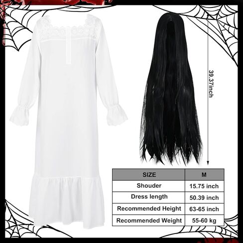 Ramede 2 Pcs Women Ghost Costume Set with White Victorian Nightgown Long Sleeve Vintage Gown Black Long Straight Wig for Horror Halloween Cosplay in Saudi Arabia