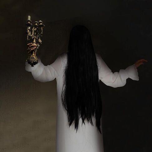 Ramede 2 Pcs Women Ghost Costume Set with White Victorian Nightgown Long Sleeve Vintage Gown Black Long Straight Wig for Horror Halloween Cosplay in Saudi Arabia