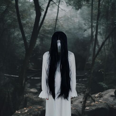 Ramede 2 Pcs Women Ghost Costume Set with White Victorian Nightgown Long Sleeve Vintage Gown Black Long Straight Wig for Horror Halloween Cosplay in Saudi Arabia