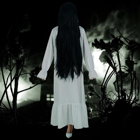 Ramede 2 Pcs Women Ghost Costume Set with White Victorian Nightgown Long Sleeve Vintage Gown Black Long Straight Wig for Horror Halloween Cosplay in Saudi Arabia