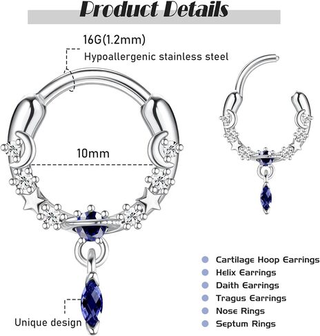 FIBO STEEL 8Pcs 16G Septum Rings for Women Dangle Teardrop Nose Ring Hoops Surgical Steel CZ Opal Daith Earrings Cartilage Tragus Helix Piercing Jewelry in Saudi Arabia