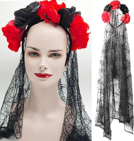 auwiyd عيد الهالوين الأزهار يوم الموتى عقال زهرة عقال مع الحجاب الدانتيل الأسود، حجاب الدانتيل العروس للنساء الفتيات زي عيد الهالوين ليوم الموتى حفلة تنكرية (أسود أحمر) in Kuwait