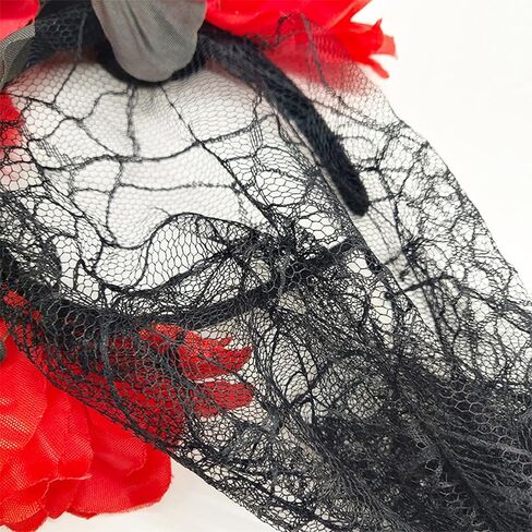 auwiyd عيد الهالوين الأزهار يوم الموتى عقال زهرة عقال مع الحجاب الدانتيل الأسود، حجاب الدانتيل العروس للنساء الفتيات زي عيد الهالوين ليوم الموتى حفلة تنكرية (أسود أحمر) in Kuwait