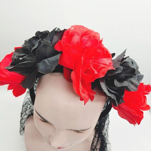 auwiyd عيد الهالوين الأزهار يوم الموتى عقال زهرة عقال مع الحجاب الدانتيل الأسود، حجاب الدانتيل العروس للنساء الفتيات زي عيد الهالوين ليوم الموتى حفلة تنكرية (أسود أحمر) in Kuwait