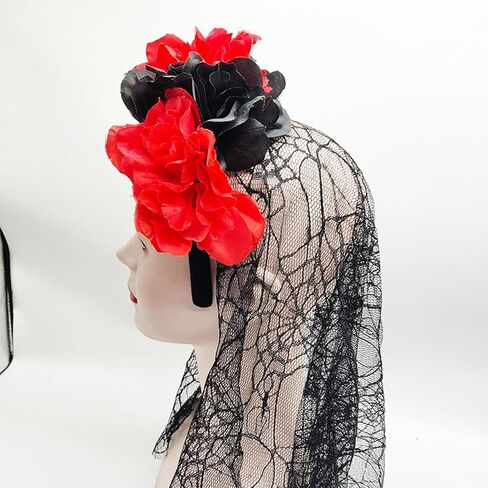 auwiyd عيد الهالوين الأزهار يوم الموتى عقال زهرة عقال مع الحجاب الدانتيل الأسود، حجاب الدانتيل العروس للنساء الفتيات زي عيد الهالوين ليوم الموتى حفلة تنكرية (أسود أحمر) in Kuwait