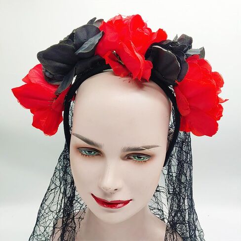 auwiyd عيد الهالوين الأزهار يوم الموتى عقال زهرة عقال مع الحجاب الدانتيل الأسود، حجاب الدانتيل العروس للنساء الفتيات زي عيد الهالوين ليوم الموتى حفلة تنكرية (أسود أحمر) in Kuwait